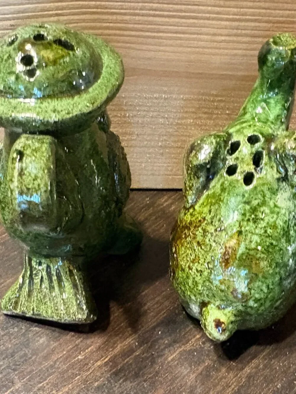 Vintage Mexican Folk Art Pottery Salt & Pepper Shakers - Green Drip Glaze Handma